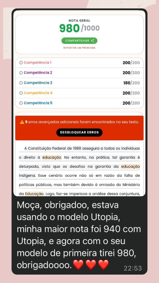 Depoimento de aluna: 980 na primeira redação com o modelo