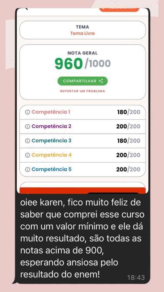Depoimento de aluna: 960 e todas as notas acima de 900
