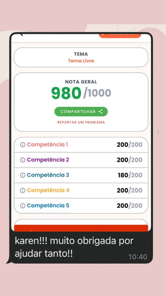 Depoimento de aluna: 980 em redação de treino