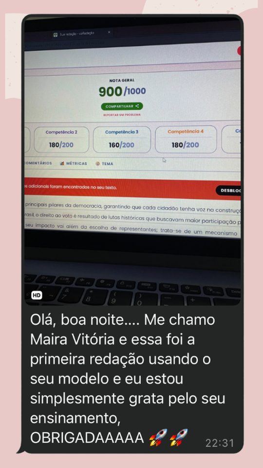 Depoimento de aluna: 900 na primeira redação com o modelo